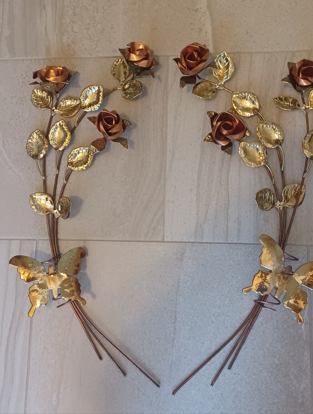 Vintage 1970s Swags Of Roses and Butterfly Metal Wall Decor Set Of Two - Homco